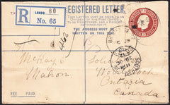 87598 - 1912 REGISTERED MAIL LEEDS TO CANADA. KGV 3d carmine registered envelope Leeds to Ontario, ...