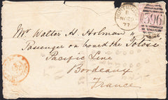 87627 - 1877 HUNTS/MAIL HUNTINGDON TO FRANCE. 1877 envelope (damaged) Hunt...