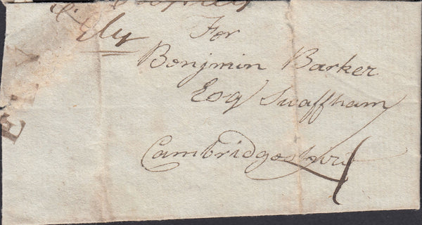 87688 - 1793 CAMBS/'ELY' CURVED HAND STAMP (CB100). 1793 small letter (70x47mm) Ely to Cambridg...
