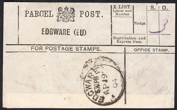 87768 - PARCEL POST LABEL/MIDDLESEX. 1904 label EDGWARE (E...