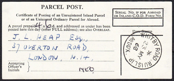 87794 - 1968 parcel post receipt label cancelled neat WHIT...