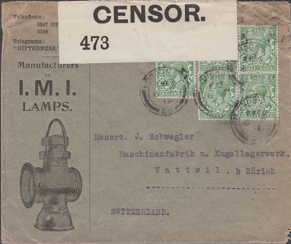 87916 - 1915 ADVERTISING. Envelope London to Zurich with K...