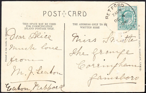 87977 - NOTTS. 1904 postcard of Harrogate to Gainsborough ...
