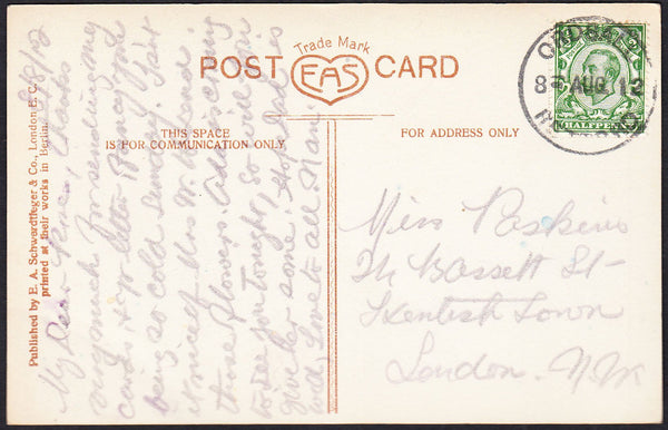 87991 - NOTTS. 1912 postcard to London with KGV ½d Downey ...