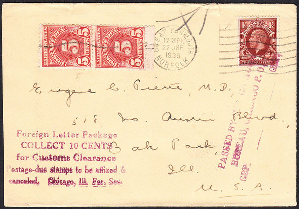 88114 - 1936 UNDERPAID MAIL GREAT YARMOUTH TO USA. Envelope Great Yarmouth to Il...