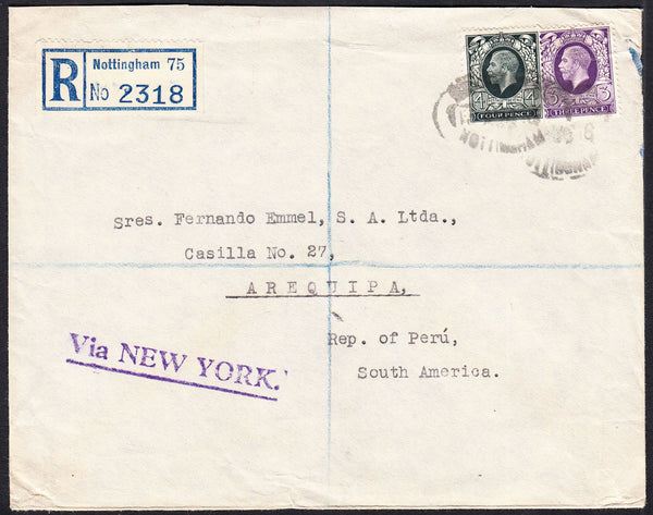 88124 - 1936 MAIL TO PERU. Envelope sent registered Nottin...