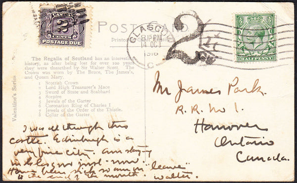 88162 - 1916 UNDERPAID MAIL GLASGOW TO CANADA. 1916 post card Glasgow to Ontario, Canada (corner b...