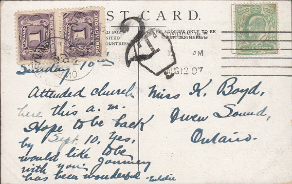 88164 - 1907 UNDERPAID MAIL LONDON TO CANADA. Post card London to ...
