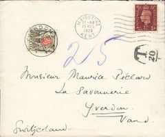 88178 - 1939 UNDERPAID MAIL MAIDSTONE TO SWITZERLAND. Envelope Maidstone to Yverdon, Switzerland wi...