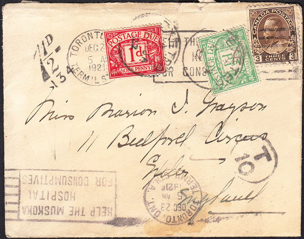 88183 - 1921 UNDERPAID MAIL TORONTO TO EXETER. 1921 envelope Toronto, Canada to Exeter with Canad...