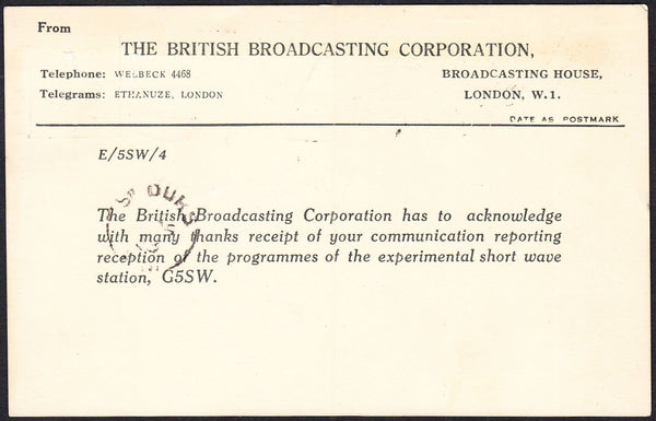88186 - 1933 BBC CARD. Printed Matter card London to Quebe...