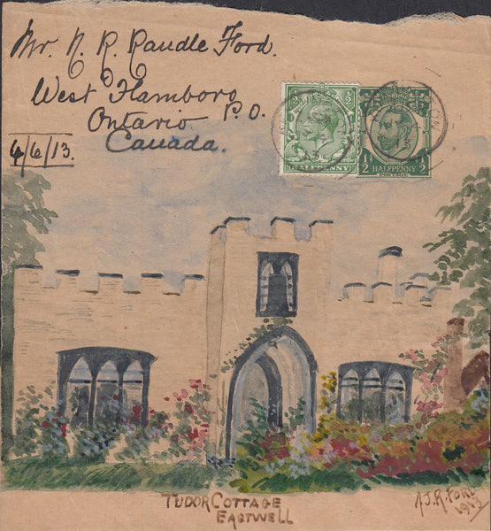 88461 - 1913 HAND-PAINTED NEWSPAPER WRAPPER/KENT TO CANADA. Fine large pa...