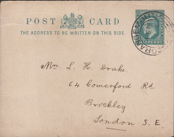 88531 - 1903 HAND PAINTED POST CARD/FLOWERS.  KEDVII ½d blue-green post card (crease) Grangemouth to Br...