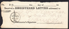 88904 - 1875 REGISTERED RECEIPT/NORFOLK. Fine registered r...