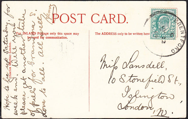 88974 - 1904 MAIL TO ISLINGTON WITH 'BRENTFORD' SKELETON DATE STAMP.