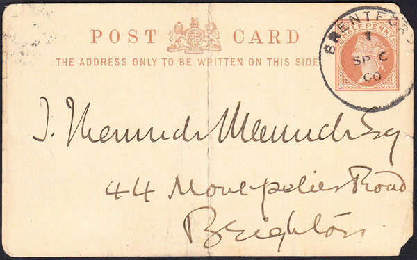 88975 - 1900 ½D BROWN POST CARD TO BRIGHTON WITH 'BRENTFORD' SKELETON DATE STAMP. er ...