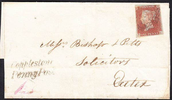 88984 - 1846 DEVON/'COPPLESTONE PENNY POST' HAND STAMP(DN304). 1846 wrapper (without side flaps) Crediton ...