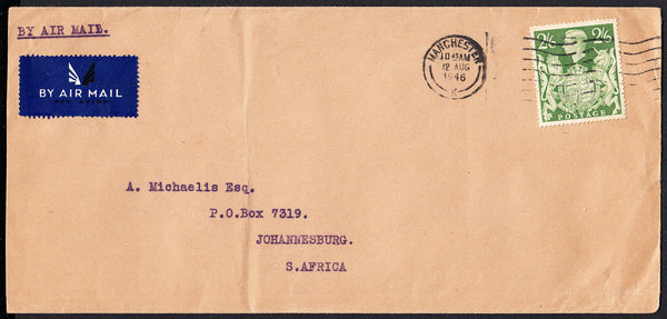 89032 - 1946 MAIL MANCHESTER TO SOUTH AFRICA 2/6D YELLOW-GREEN (SG476b). Large envelope (217x102) Manchester to ...