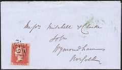 89189 1855 MAIL SWAFFHAM, NORFOLK TO WYMONDHAM DIE 2 1D PL.2 (SG24)(CD).