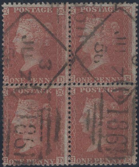 89215 1856 DIE 2 1D PL.33 (SG29) BLOCK OF FOUR (GD GE HD HE) WITH DUBLIN SPOONS (RA65).