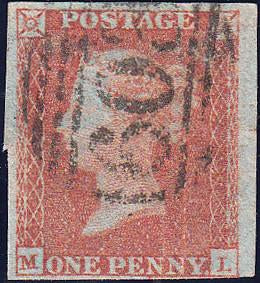 89398 - PL.102 (ML) VERY BLUED PAPER (SG8a). Used 1850 1d pl.102 red-brown on VERY BLUED PAPER (SG8a)