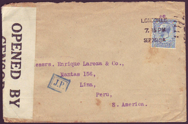 89409 - 1918 LONDON MAIL TO PERU. Envelope (minor faults) London...