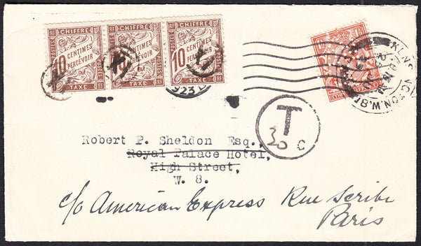 89421 - 1923 UNDERPAID MAIL LONDON TO PARIS. Envelope used locall...