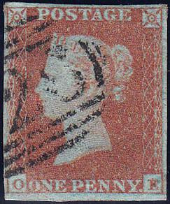 89564 - PL.130 (OE)(VERY BLUED PAPER SG8a). Good used 1851 1d pl.130 red-brown on