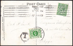 89667 - 1919 UNDERPAID MAIL RICHMOND, SURREY TO BELGIUM. Post card London to...
