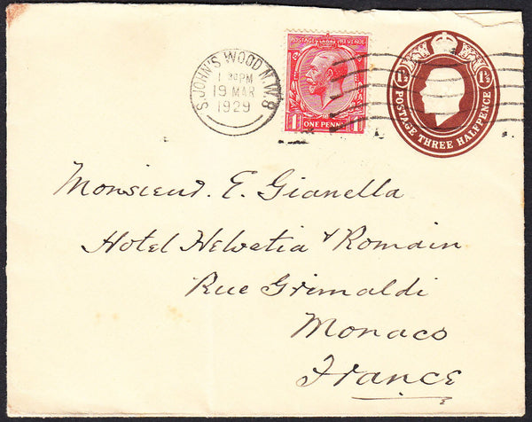 89677 - 1929 MAIL TO MONACO. Envelope with KGV 1½d embosse...
