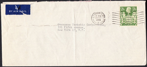 89688 - 1946 MAIL LONDON TO USA/2/6D YELLOW-GREEN (SG476b). Large envelope (229x 108) London to New York with KGVI 2...