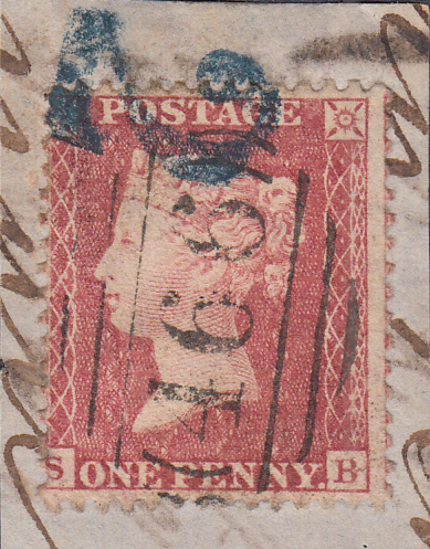 89692 CIRCA 1857 SMALL PIECE WITH DIE 2 1D PL.38 (SG40)(SB) CANCELLED '2' NUMERAL IN BLUE (PROBABLY SOUTH AMERICAN) AND '466' NUMERAL OF LIVERPOOL.