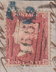 89692 CIRCA 1857 SMALL PIECE WITH DIE 2 1D PL.38 (SG40)(SB) CANCELLED '2' NUMERAL IN BLUE (PROBABLY SOUTH AMERICAN) AND '466' NUMERAL OF LIVERPOOL.