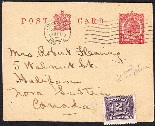 89724 - 1927 KGV 1D POST CARD STAMPED TO ORDER UNDERPAID LONDON TO NOVA SCOTIA. KGV 1d post car...