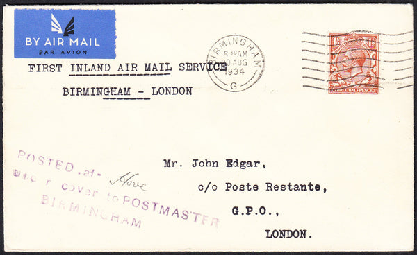 89745 - 1934 POSTED UNDER COVER MAIL HOVE - BIRMINGHAM - LONDON. Envelope with KGV 1½...