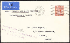 89745 - 1934 POSTED UNDER COVER MAIL HOVE - BIRMINGHAM - LONDON. Envelope with KGV 1½...