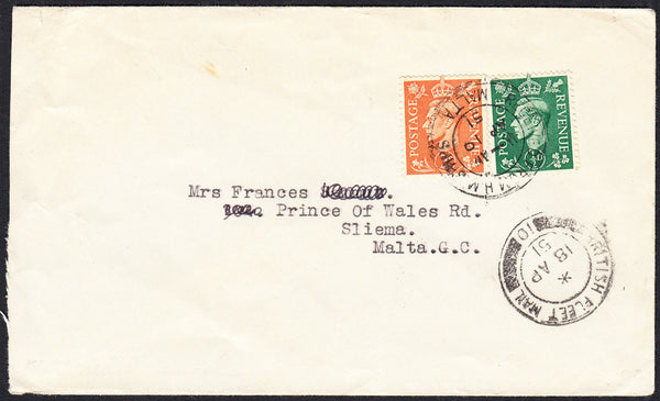 89777 - 1951 envelope to Malta with KGVI 2d and ½d tied RE...