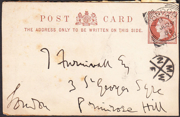 90122 - 1885 MAIL USED IN LONDON/CIRCULAR INSTRUCTIONAL MARK. QV ½d brown postcard (tone spots) used locall...