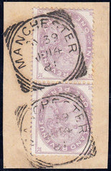 90175 - Pair of QV 1d Postal Fiscals tied to small piece w...