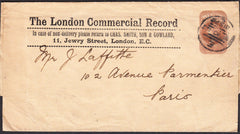 90179 - QV ½D RED-BROWN NEWSPAPER WRAPPER LONDON TO PARIS/'LONDON COMMERCIAL RECORD'. Fine QV ½d red-brown