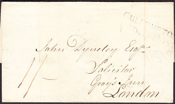 90307 - 1816 DEVON/'CULLOMPTON PENNY POST' HAND STAMP(DN293). 1816 wrapper Bradninch to London dated Apri...