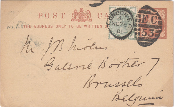 90325 - 1881 QV ½D BROWN POST CARD LONDON TO BELGIUM UPRATED WITH ½D PALE GREEN (SG165).