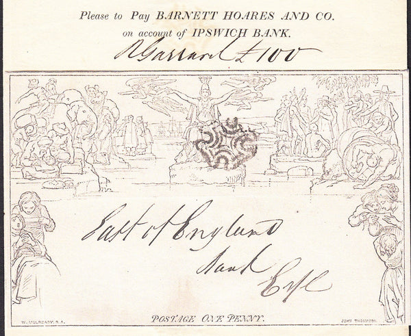 90329 - 1842 1D MULREADY WRAPPER 'BARNETT HOARES AND COMPANY' MULREADY ADVERT (MA301c). A fine 1d Mulready wrapp...D