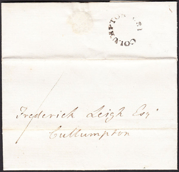 90331 - 1828 DEVON/'COLUMPTON 182' HAND STAMP. Entire letter to Cullumpton dated May 19th wi...