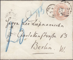 90407 - 1893 1D PINK ENVELOPE UNDERPAID FALFIELD (GLOS.) TO BERLIN.