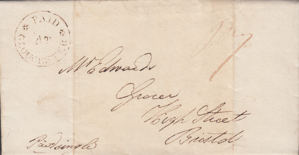 90783 1821 MAIL GLOUCESTER TO BRISTOL WITH 'PAID AT GLOUCESTER' HAND STAMP (GL406).