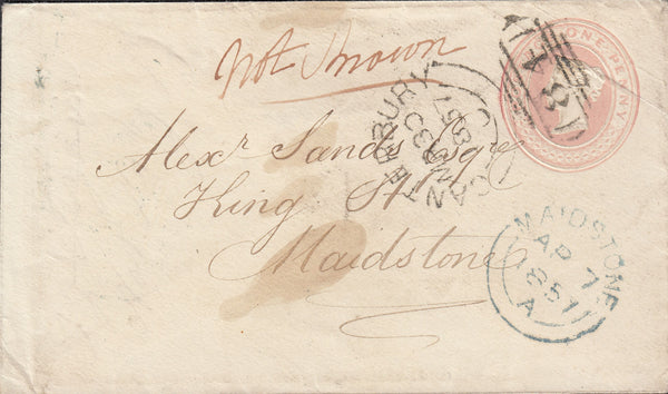 90797 - CANTERBURY SIDEWAYS DUPLEX/"NOT KNOWN". 1857 1d pink envelope, slight soiling, Cante...