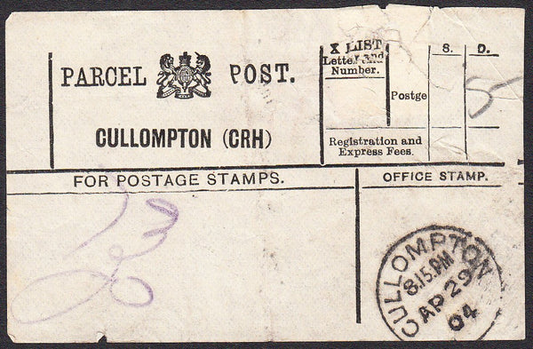 91202 - PARCEL POST LABEL/DEVON. 1904 label (fault at top)...