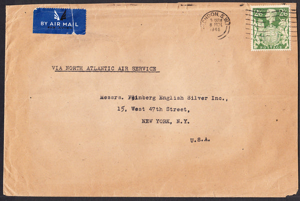 91267 - 1946 MAIL LONDON TO USA 2/6D YELLOW-GREEN (SG476b). Large envelope (215x142) London to New York with 2/6d green (...
