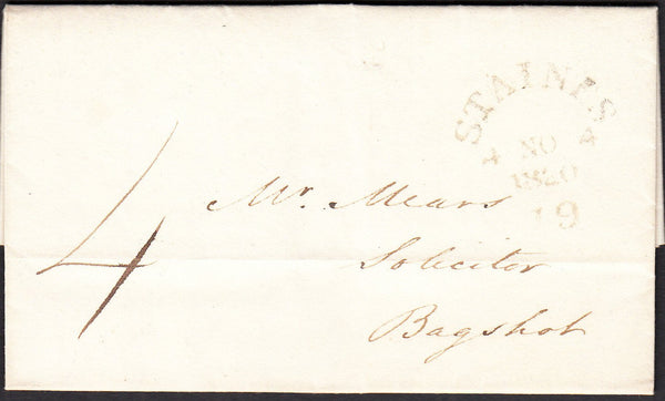 91288 - 1820 MIDDLESEX/'STAINES 19' MILEAGE MARK (MX271). Entire Egham to Bagshot dated 4th ...